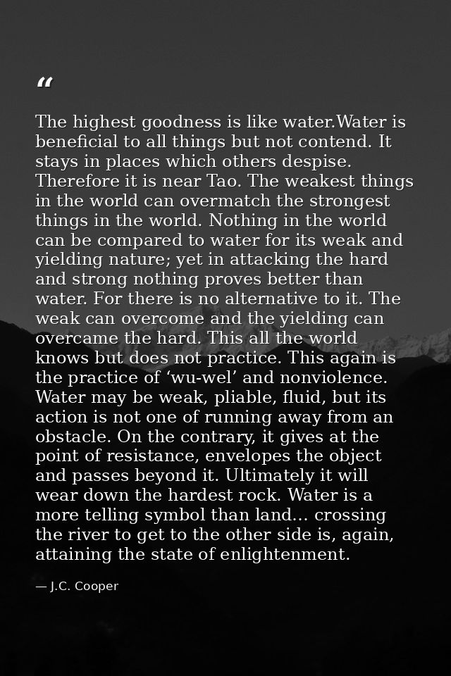 The highest goodness is like water.Water is beneficial to all things but not contend. It stays in places which others de — J.C. Cooper