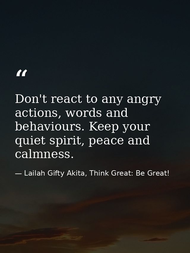 Don't react to any angry actions, words and behaviours. Keep your quiet spirit, peace and calmness. — Lailah Gifty Akita, Think Great: Be Great!