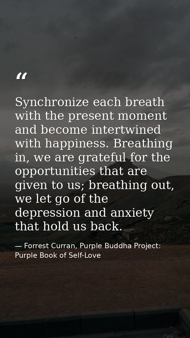 Synchronize each breath with the present moment and become intertwined with happiness. Breathing in, we are grateful for — Forrest Curran, Purple Buddha Project: Purple Book of Self-Love
