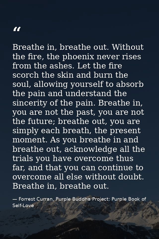 Breathe in, breathe out. Without the fire, the phoenix never rises from the ashes. Let the fire scorch the skin and burn — Forrest Curran, Purple Buddha Project: Purple Book of Self-Love