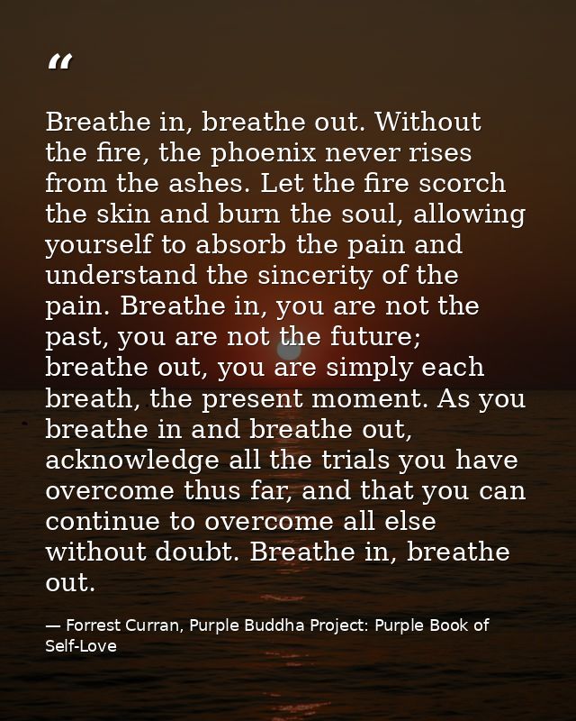 Breathe in, breathe out. Without the fire, the phoenix never rises from the ashes. Let the fire scorch the skin and burn — Forrest Curran, Purple Buddha Project: Purple Book of Self-Love