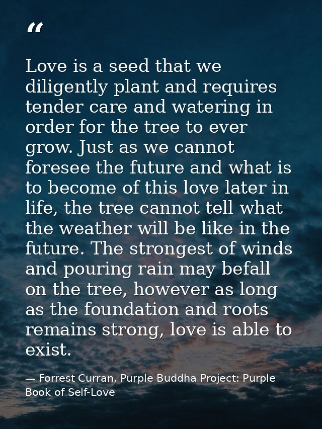 Love is a seed that we diligently plant and requires tender care and watering in order for the tree to ever grow. Just a — Forrest Curran, Purple Buddha Project: Purple Book of Self-Love