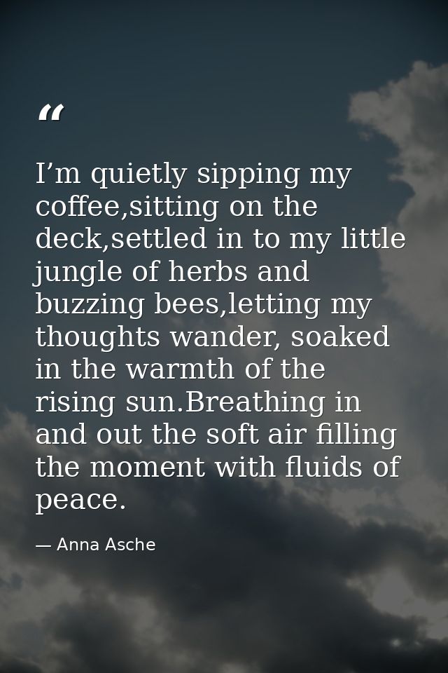 I’m quietly sipping my coffee,sitting on the deck,settled in to my little jungle of herbs and buzzing bees,letting my th — Anna Asche