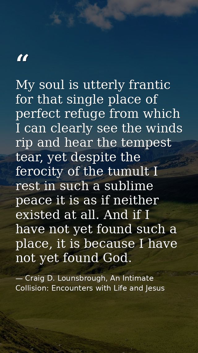 My soul is utterly frantic for that single place of perfect refuge from which I can clearly see the winds rip and hear t — Craig D. Lounsbrough, An Intimate Collision: Encounters with Life and Jesus