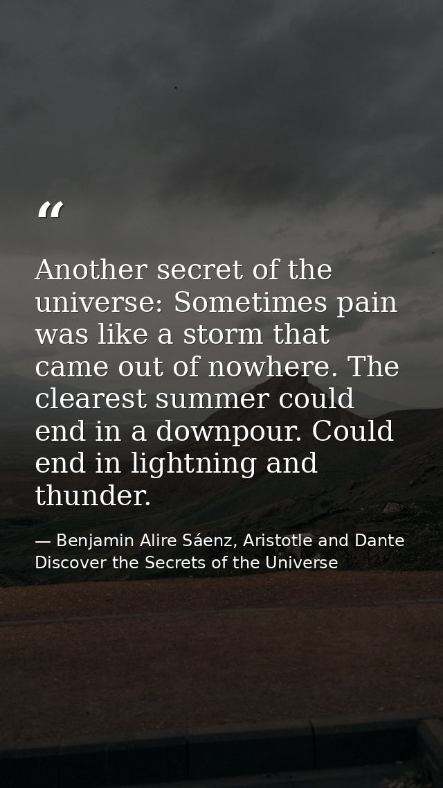 Another secret of the universe: Sometimes pain was like a storm that came out of nowhere. The clearest summer could end  — Benjamin Alire Sáenz, Aristotle and Dante Discover the Secrets of the Universe
