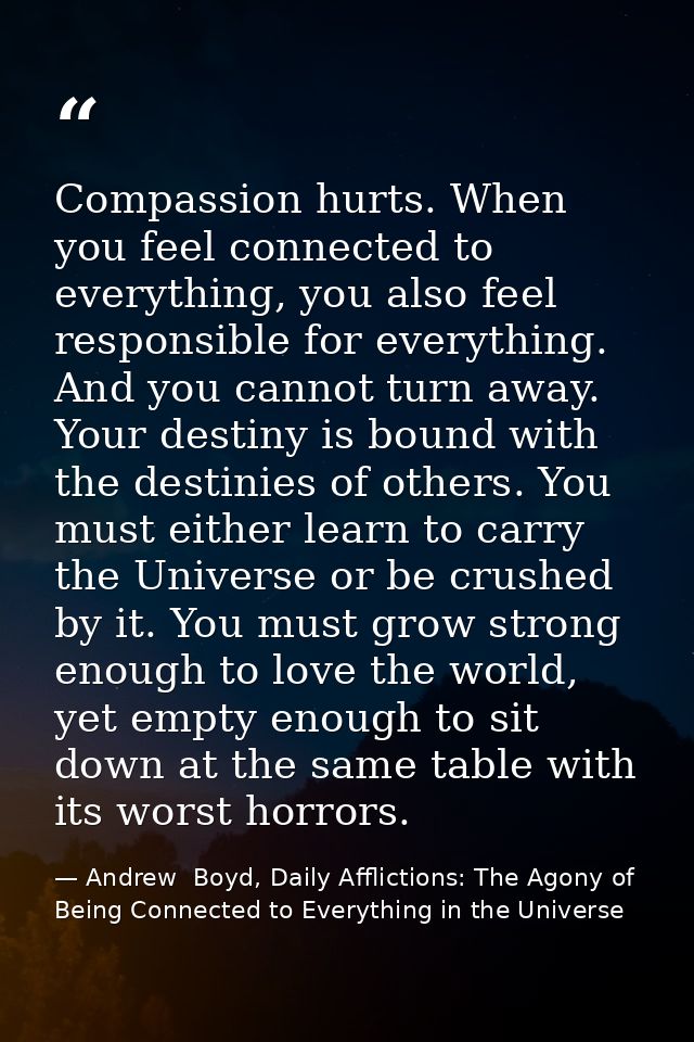 Compassion hurts. When you feel connected to everything, you also feel responsible for everything. And you cannot turn a — Andrew  Boyd, Daily Afflictions: The Agony of Being Connected to Everything in the Universe