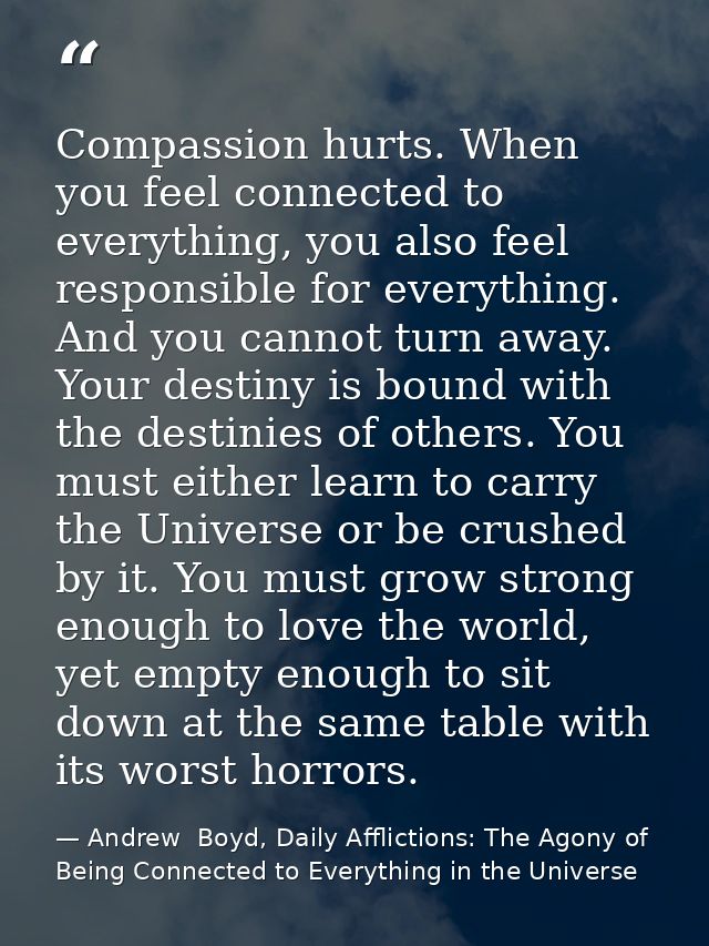 Compassion hurts. When you feel connected to everything, you also feel responsible for everything. And you cannot turn a — Andrew  Boyd, Daily Afflictions: The Agony of Being Connected to Everything in the Universe