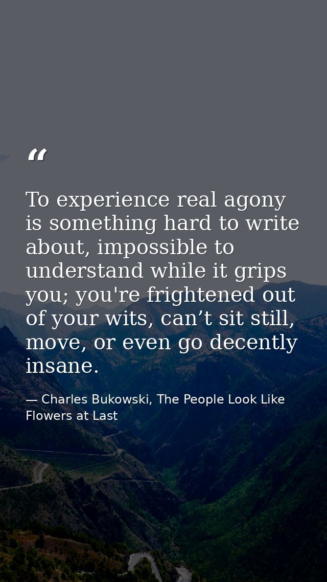 To experience real agony is something hard to write about, impossible to understand while it grips you; you're frightene — Charles Bukowski, The People Look Like Flowers at Last