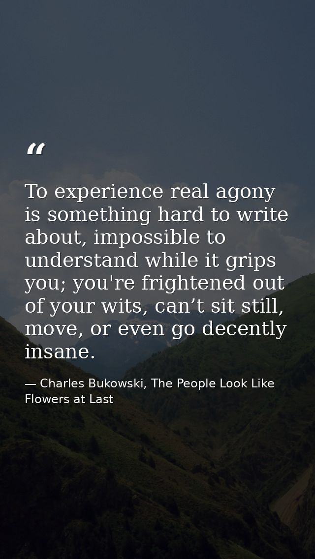 To experience real agony is something hard to write about, impossible to understand while it grips you; you're frightene — Charles Bukowski, The People Look Like Flowers at Last