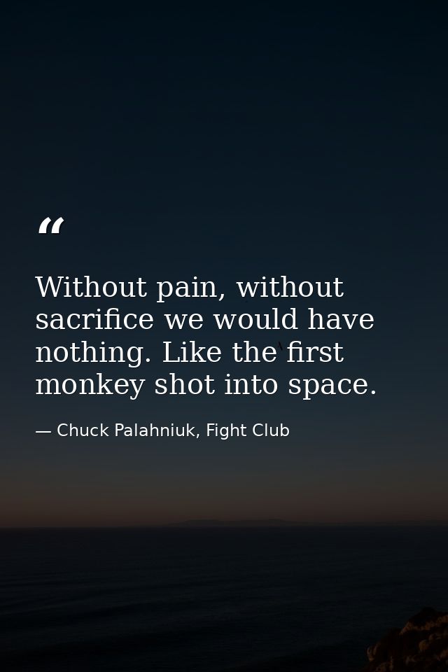 Without pain, without sacrifice we would have nothing. Like the first monkey shot into space. — Chuck Palahniuk, Fight Club