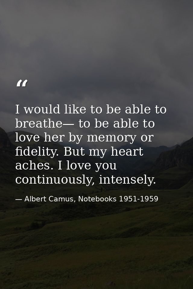 I would like to be able to breathe— to be able to love her by memory or fidelity. But my heart aches. I love you continu — Albert Camus, Notebooks 1951-1959