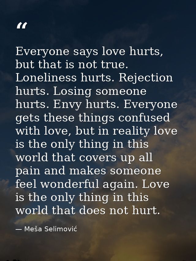 Everyone says love hurts, but that is not true. Loneliness hurts. Rejection hurts. Losing someone hurts. Envy hurts. Eve — Meša Selimović