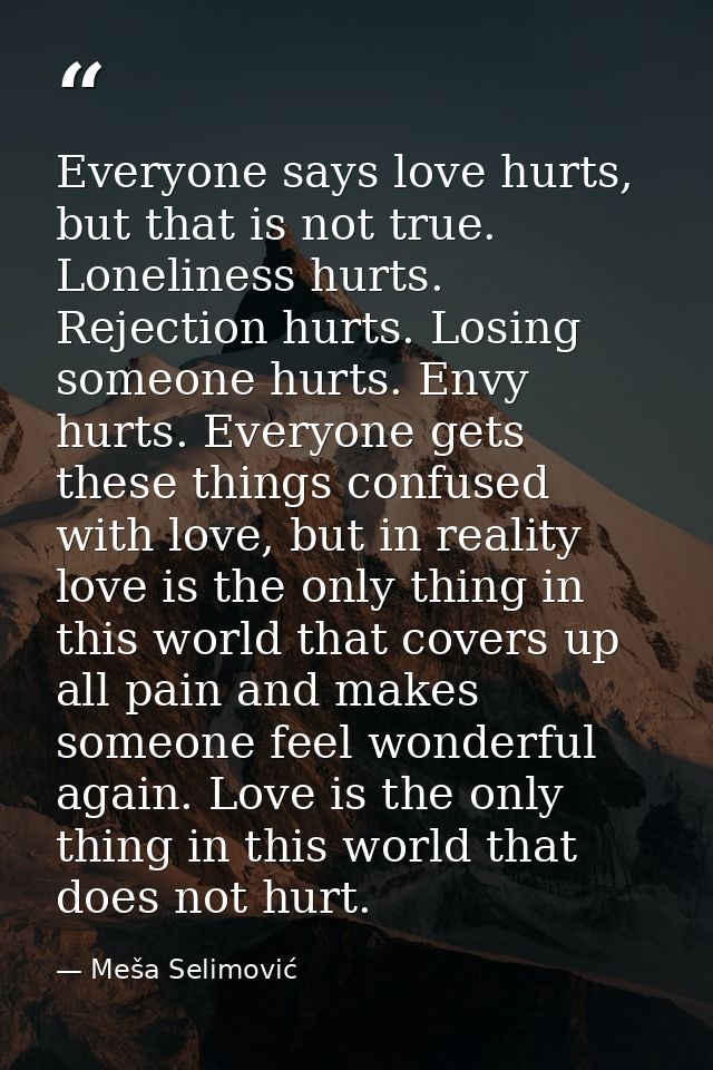 Everyone says love hurts, but that is not true. Loneliness hurts. Rejection hurts. Losing someone hurts. Envy hurts. Eve — Meša Selimović