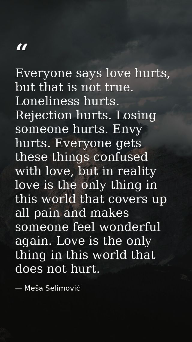Everyone says love hurts, but that is not true. Loneliness hurts. Rejection hurts. Losing someone hurts. Envy hurts. Eve — Meša Selimović