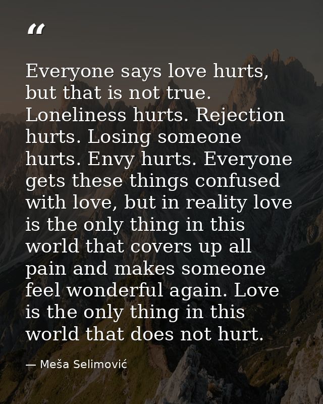 Everyone says love hurts, but that is not true. Loneliness hurts. Rejection hurts. Losing someone hurts. Envy hurts. Eve — Meša Selimović