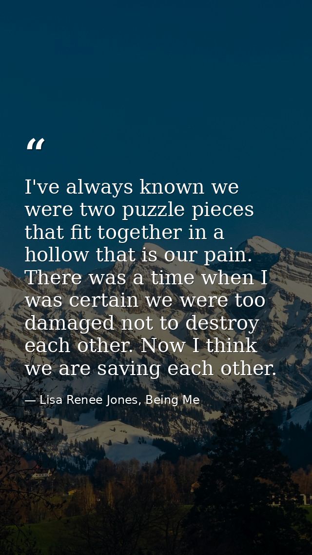 I've always known we were two puzzle pieces that fit together in a hollow that is our pain. There was a time when I was  — Lisa Renee Jones, Being Me
