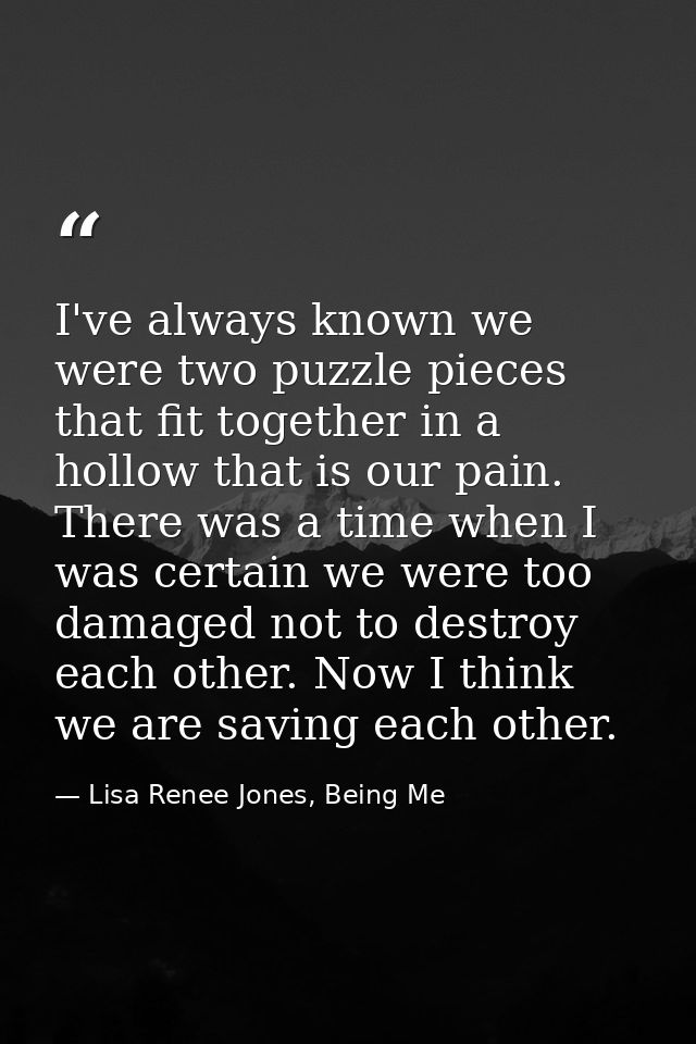 I've always known we were two puzzle pieces that fit together in a hollow that is our pain. There was a time when I was  — Lisa Renee Jones, Being Me