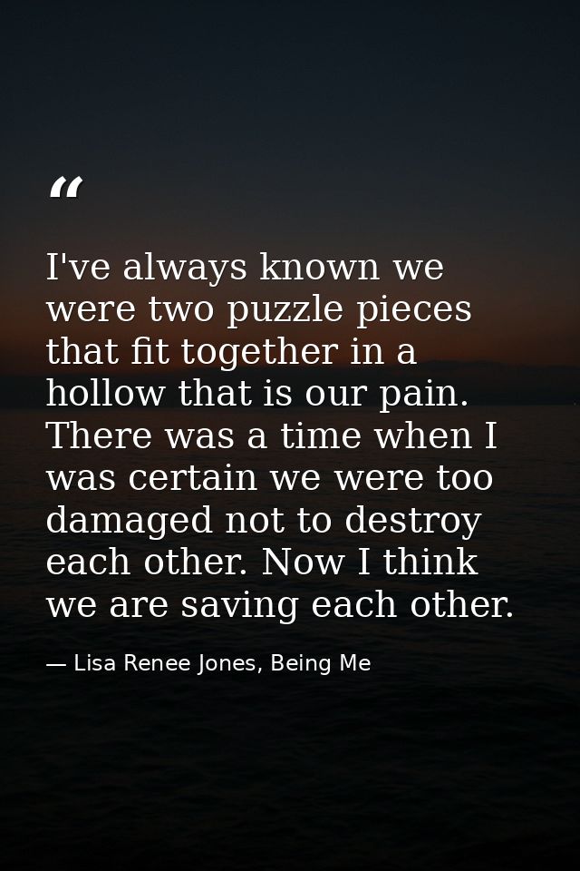 I've always known we were two puzzle pieces that fit together in a hollow that is our pain. There was a time when I was  — Lisa Renee Jones, Being Me