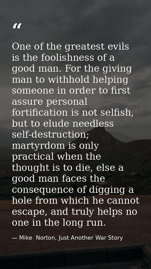 One of the greatest evils is the foolishness of a good man. For the giving man to withhold helping someone in order to f — Mike  Norton, Just Another War Story
