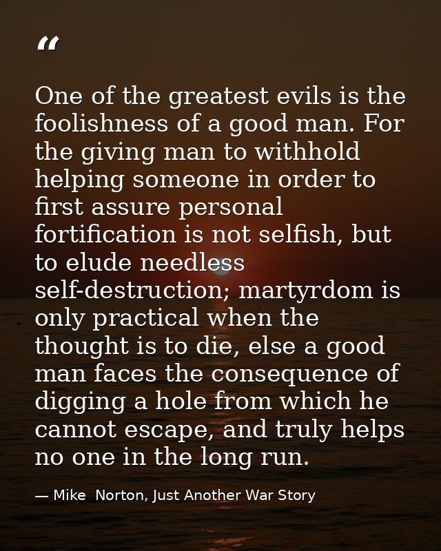 One of the greatest evils is the foolishness of a good man. For the giving man to withhold helping someone in order to f — Mike  Norton, Just Another War Story
