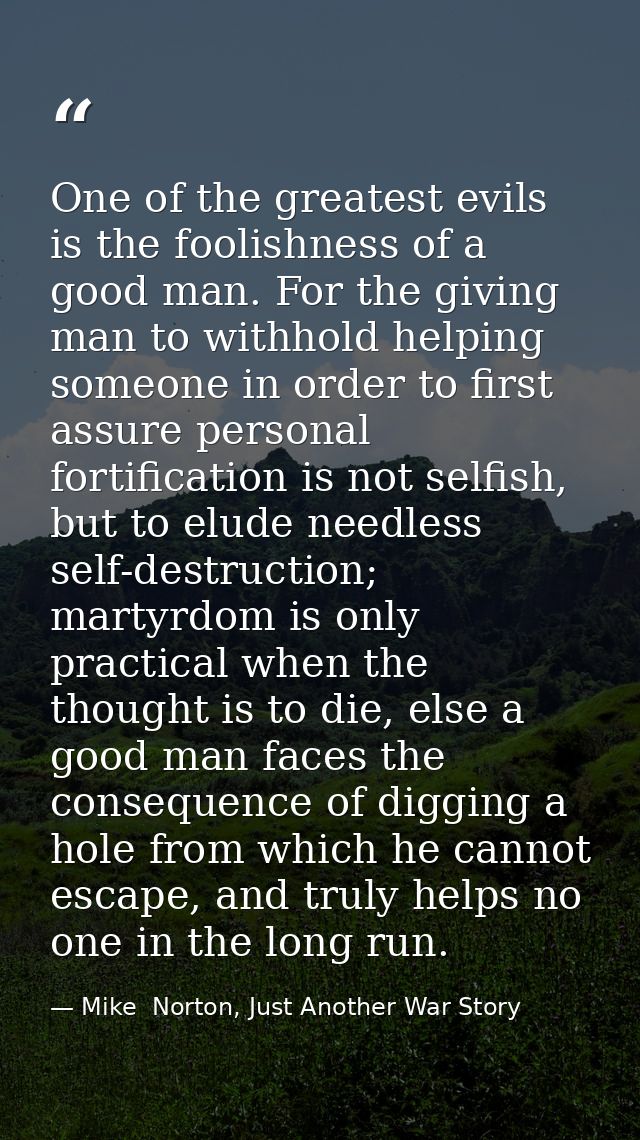 One of the greatest evils is the foolishness of a good man. For the giving man to withhold helping someone in order to f — Mike  Norton, Just Another War Story