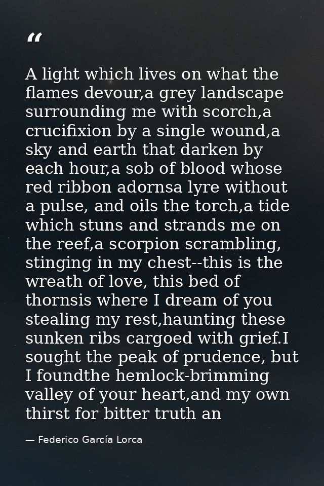A light which lives on what the flames devour,a grey landscape surrounding me with scorch,a crucifixion by a single woun — Federico García Lorca