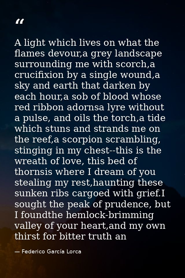 A light which lives on what the flames devour,a grey landscape surrounding me with scorch,a crucifixion by a single woun — Federico García Lorca