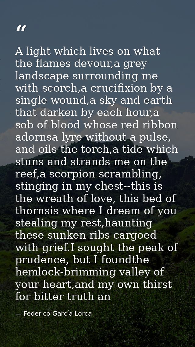 A light which lives on what the flames devour,a grey landscape surrounding me with scorch,a crucifixion by a single woun — Federico García Lorca