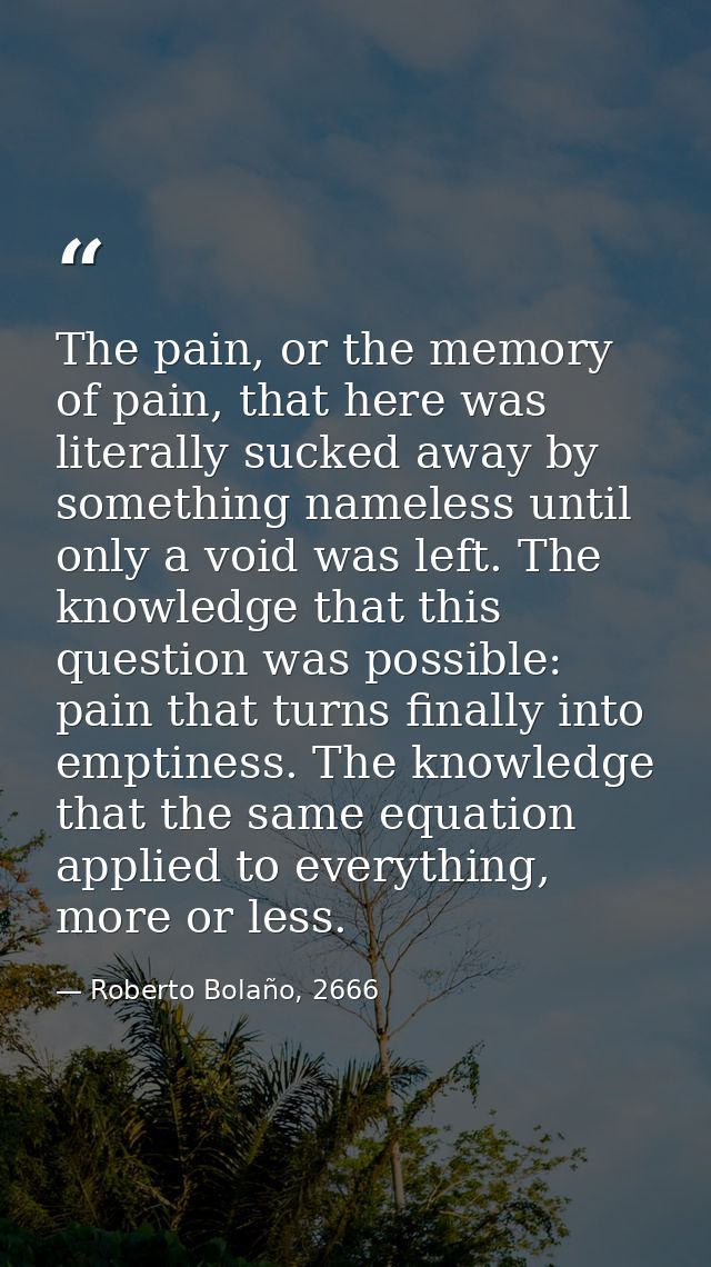 The pain, or the memory of pain, that here was literally sucked away by something nameless until only a void was left. T — Roberto Bolaño, 2666
