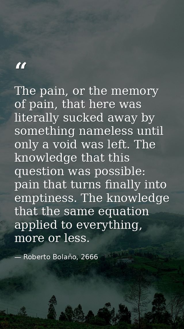 The pain, or the memory of pain, that here was literally sucked away by something nameless until only a void was left. T — Roberto Bolaño, 2666