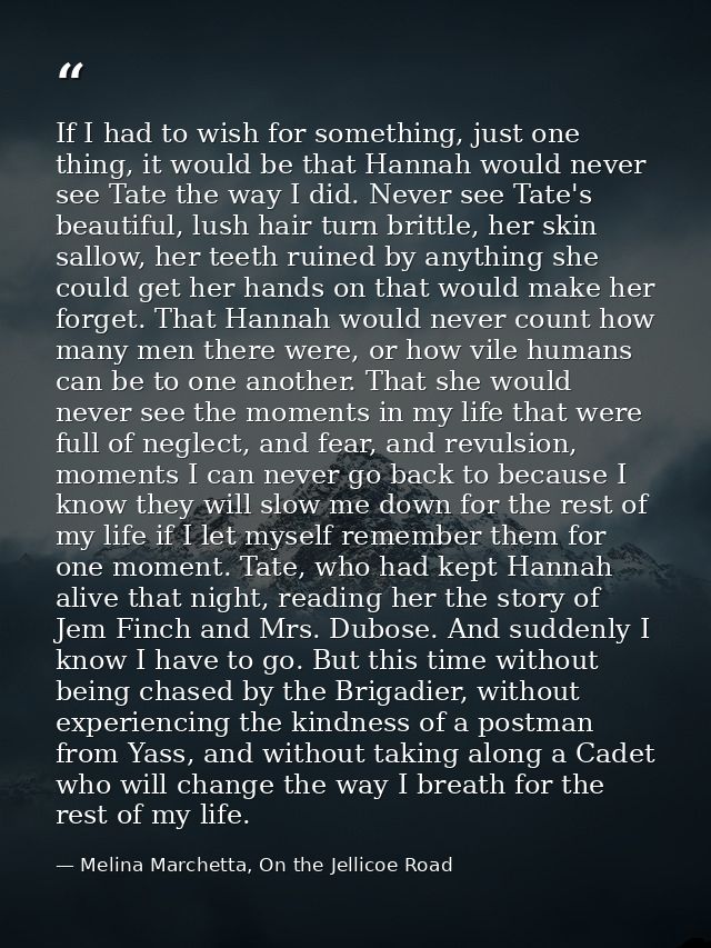 If I had to wish for something, just one thing, it would be that Hannah would never see Tate the way I did. Never see Ta — Melina Marchetta, On the Jellicoe Road