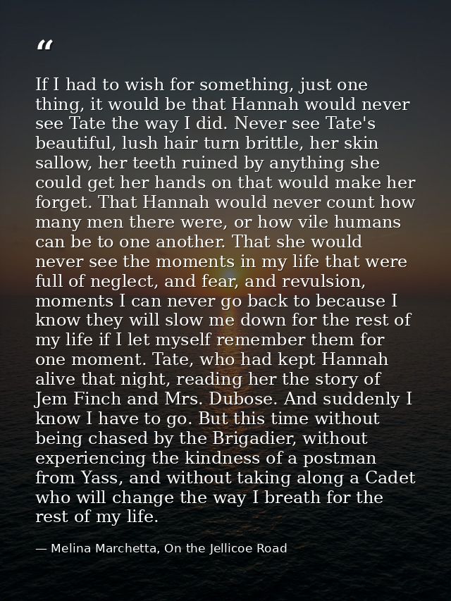 If I had to wish for something, just one thing, it would be that Hannah would never see Tate the way I did. Never see Ta — Melina Marchetta, On the Jellicoe Road