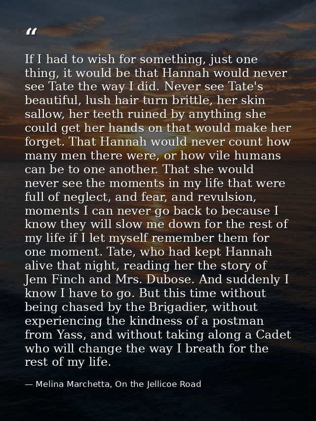 If I had to wish for something, just one thing, it would be that Hannah would never see Tate the way I did. Never see Ta — Melina Marchetta, On the Jellicoe Road