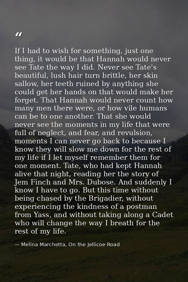 If I had to wish for something, just one thing, it would be that Hannah would never see Tate the way I did. Never see Ta — Melina Marchetta, On the Jellicoe Road