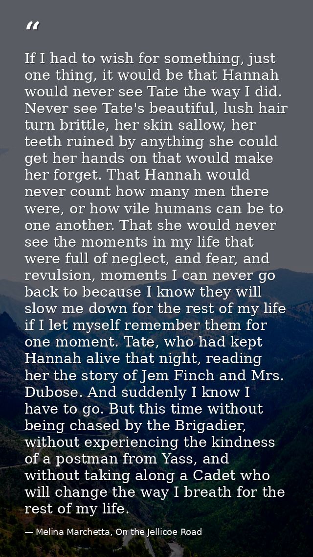 If I had to wish for something, just one thing, it would be that Hannah would never see Tate the way I did. Never see Ta — Melina Marchetta, On the Jellicoe Road