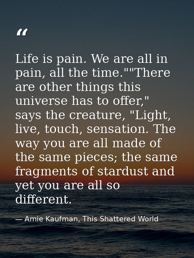 Life is pain. We are all in pain, all the time.""There are other things this universe has to offer," says the creature,  — Amie Kaufman, This Shattered World