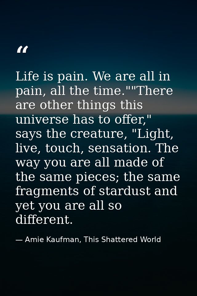 Life is pain. We are all in pain, all the time.""There are other things this universe has to offer," says the creature,  — Amie Kaufman, This Shattered World
