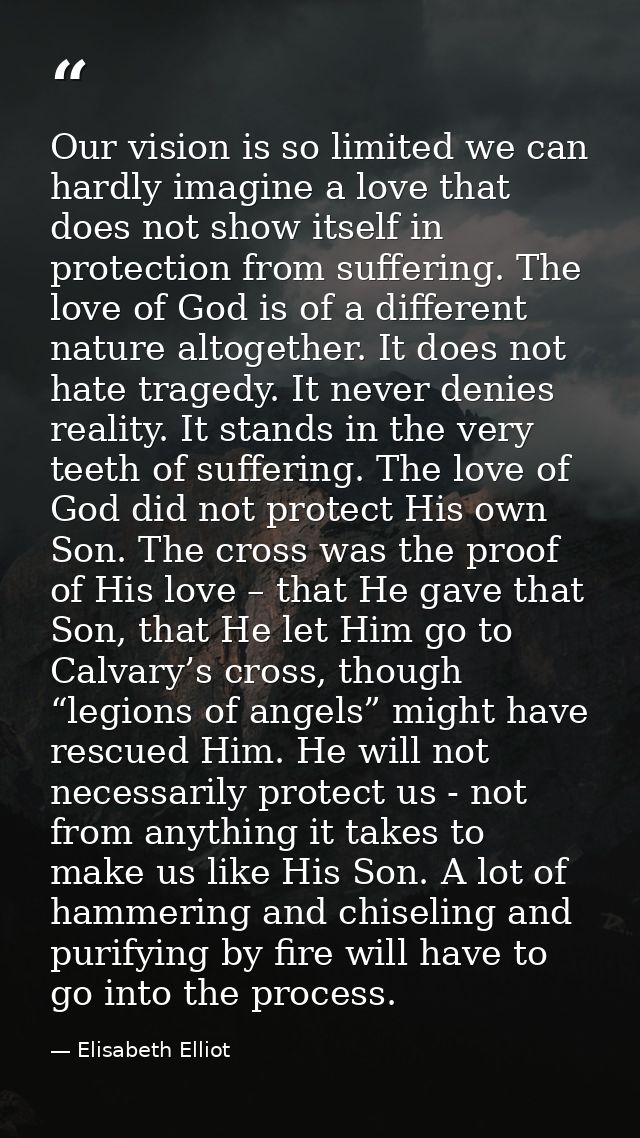 Our vision is so limited we can hardly imagine a love that does not show itself in protection from suffering. The love o — Elisabeth Elliot