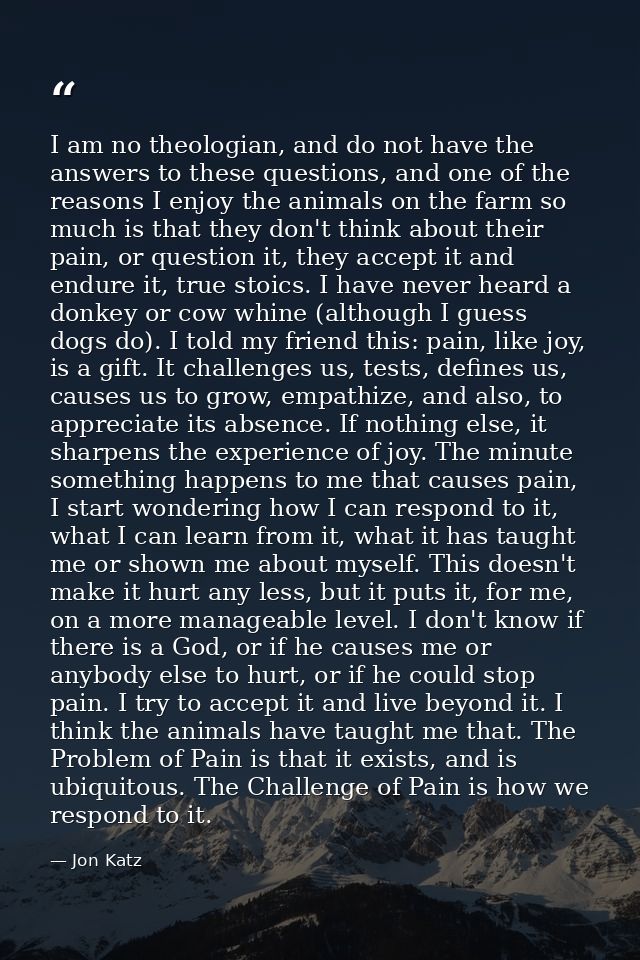 I am no theologian, and do not have the answers to these questions, and one of the reasons I enjoy the animals on the fa — Jon Katz