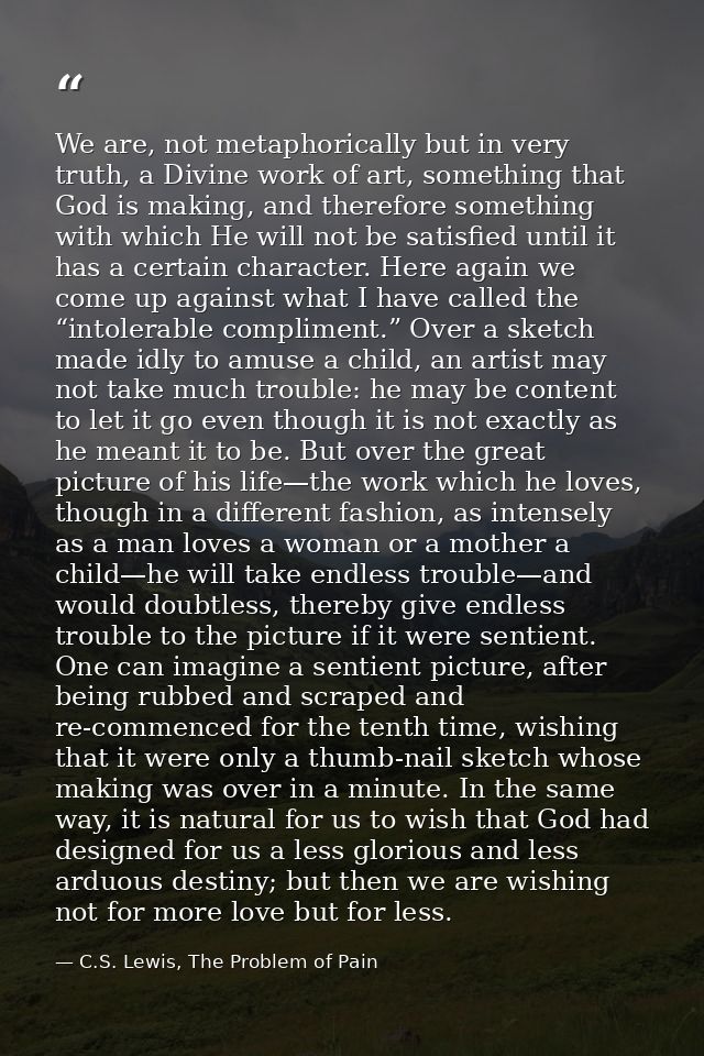 We are, not metaphorically but in very truth, a Divine work of art, something that God is making, and therefore somethin — C.S. Lewis, The Problem of Pain