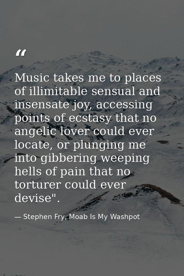 Music takes me to places of illimitable sensual and insensate joy, accessing points of ecstasy that no angelic lover cou — Stephen Fry, Moab Is My Washpot