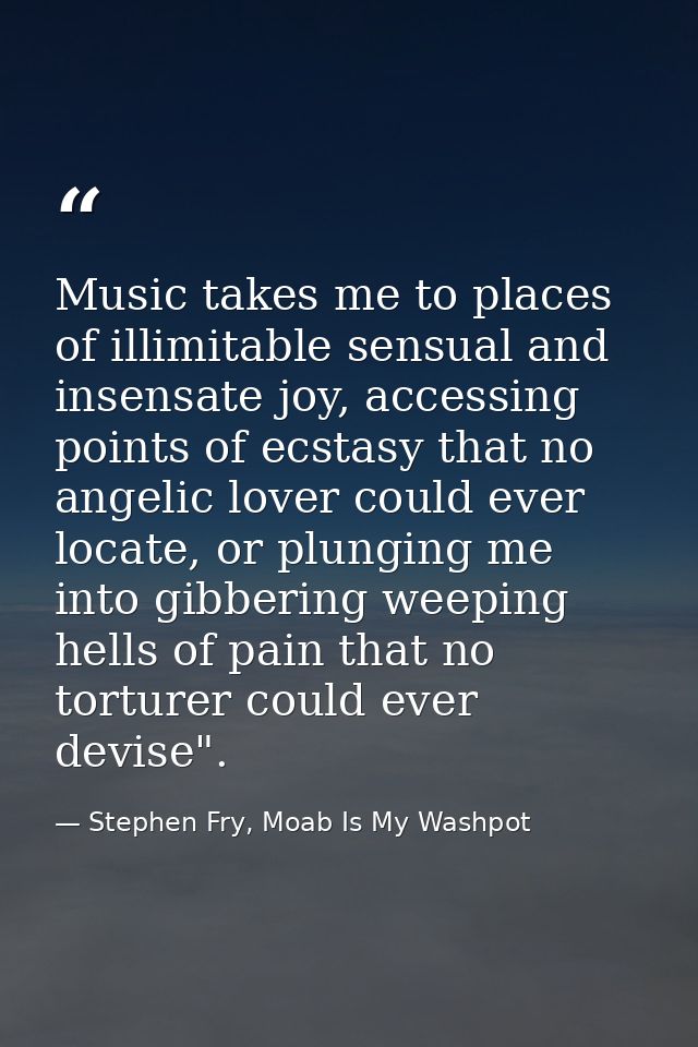 Music takes me to places of illimitable sensual and insensate joy, accessing points of ecstasy that no angelic lover cou — Stephen Fry, Moab Is My Washpot
