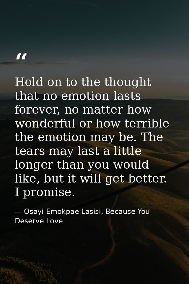 Hold on to the thought that no emotion lasts forever, no matter how wonderful or how terrible the emotion may be. The te — Osayi Emokpae Lasisi, Because You Deserve Love