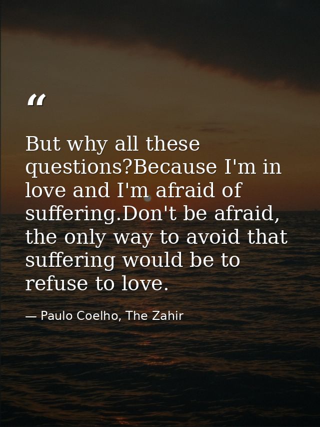 But why all these questions?Because I'm in love and I'm afraid of suffering.Don't be afraid, the only way to avoid that  — Paulo Coelho, The Zahir
