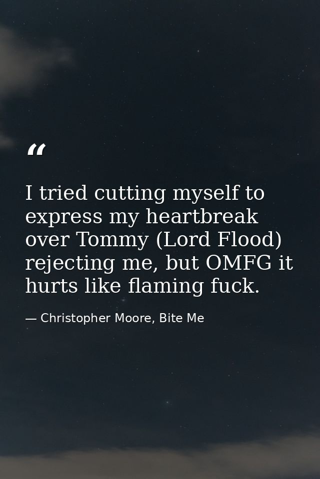 I tried cutting myself to express my heartbreak over Tommy (Lord Flood) rejecting me, but OMFG it hurts like flaming fuc — Christopher Moore, Bite Me