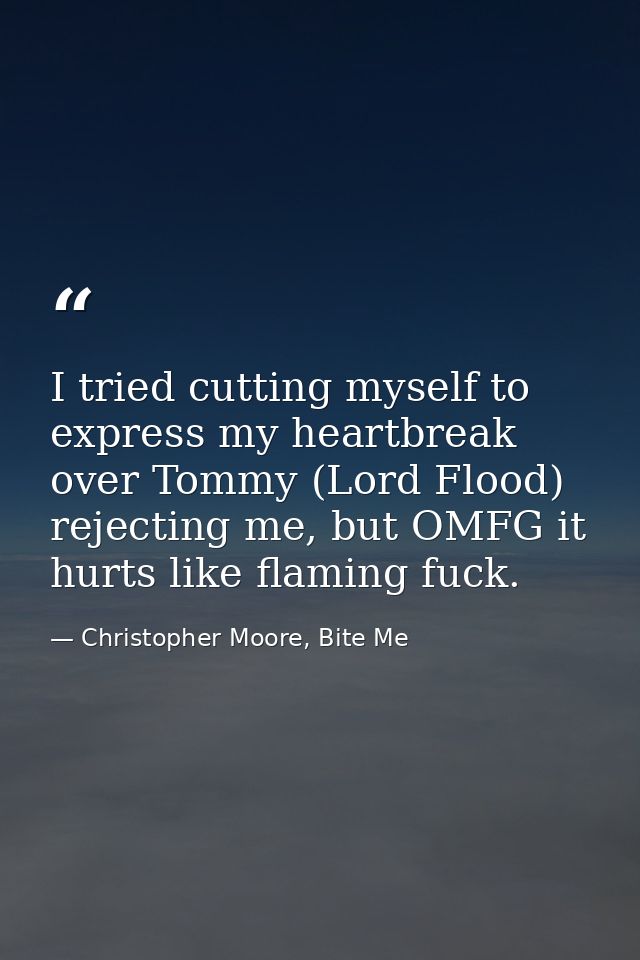 I tried cutting myself to express my heartbreak over Tommy (Lord Flood) rejecting me, but OMFG it hurts like flaming fuc — Christopher Moore, Bite Me