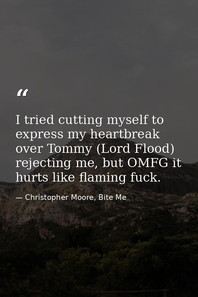 I tried cutting myself to express my heartbreak over Tommy (Lord Flood) rejecting me, but OMFG it hurts like flaming fuc — Christopher Moore, Bite Me