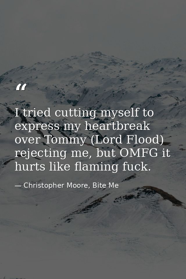 I tried cutting myself to express my heartbreak over Tommy (Lord Flood) rejecting me, but OMFG it hurts like flaming fuc — Christopher Moore, Bite Me