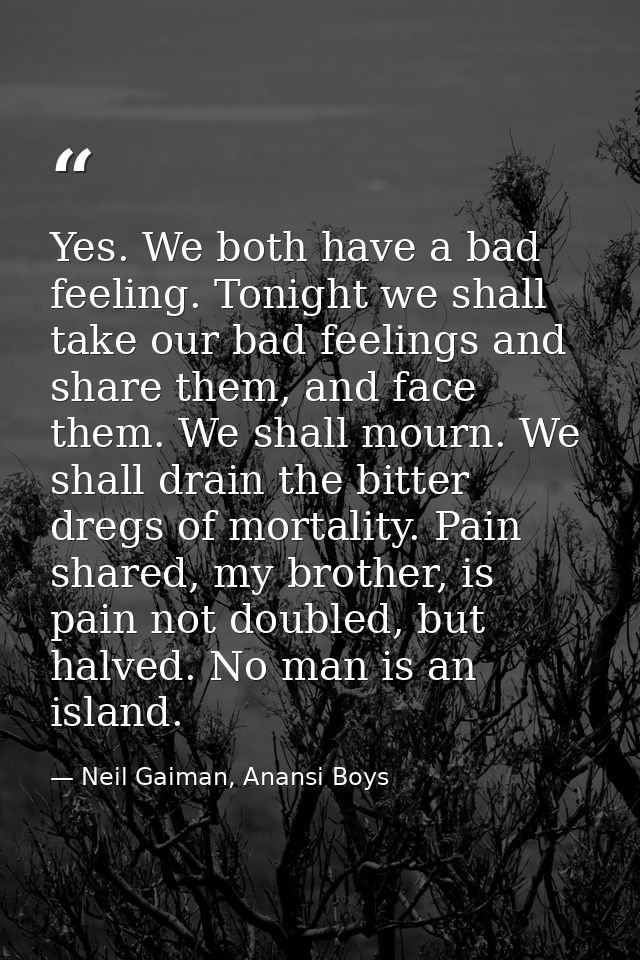 Yes. We both have a bad feeling. Tonight we shall take our bad feelings and share them, and face them. We shall mourn. W — Neil Gaiman, Anansi Boys