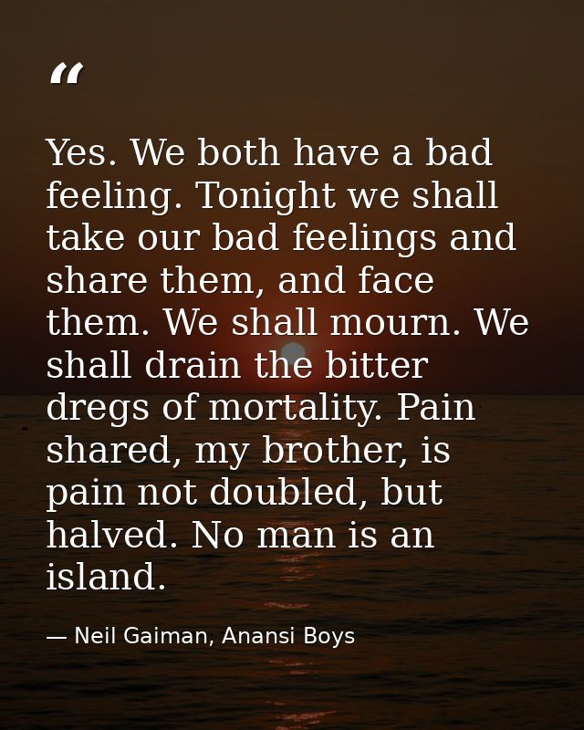 Yes. We both have a bad feeling. Tonight we shall take our bad feelings and share them, and face them. We shall mourn. W — Neil Gaiman, Anansi Boys